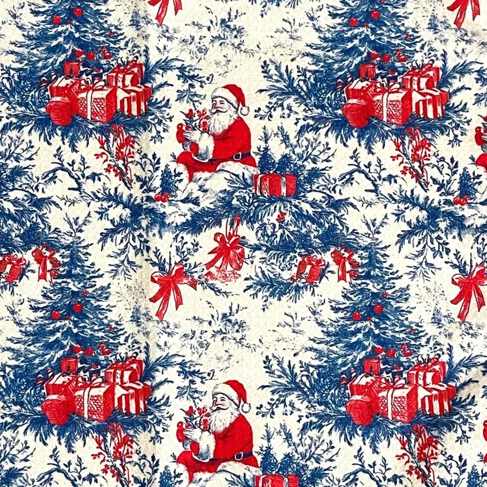 Christmas Santa Claus Toile Kitchen Towel Red Blue Holiday Decor Vintage Style